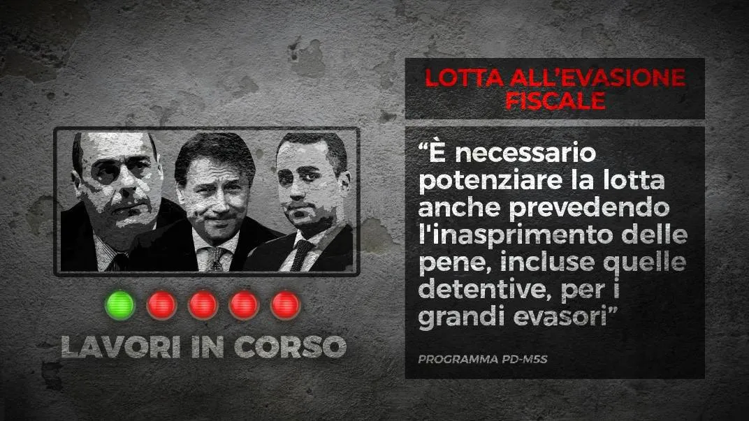 Fotogramma di un servizio televisivo sulla lotta all'evasione fiscale con la scritta «Lavori in corso»