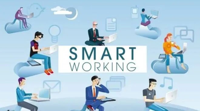 Illustrazione di persone che lavorano da remoto con la scritta «Smart working»
