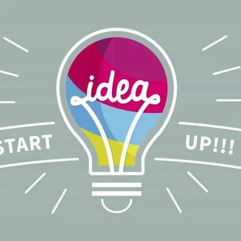 Illustrazione di una lampadina a forma di mongolfiera con la scritta «idea» e «start up»