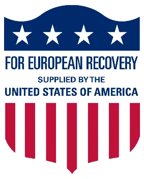 Emblema del piano Marshall con la scritta «For European Recovery, supplied by the United States of America»
