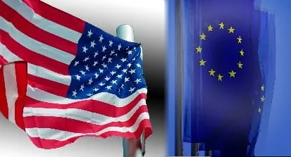 La bandiera degli Stati Uniti accanto a quella dell’Unione europea